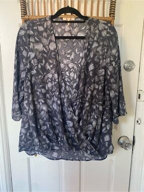 Three Dots Gray Floral Wrap-Front Blouse